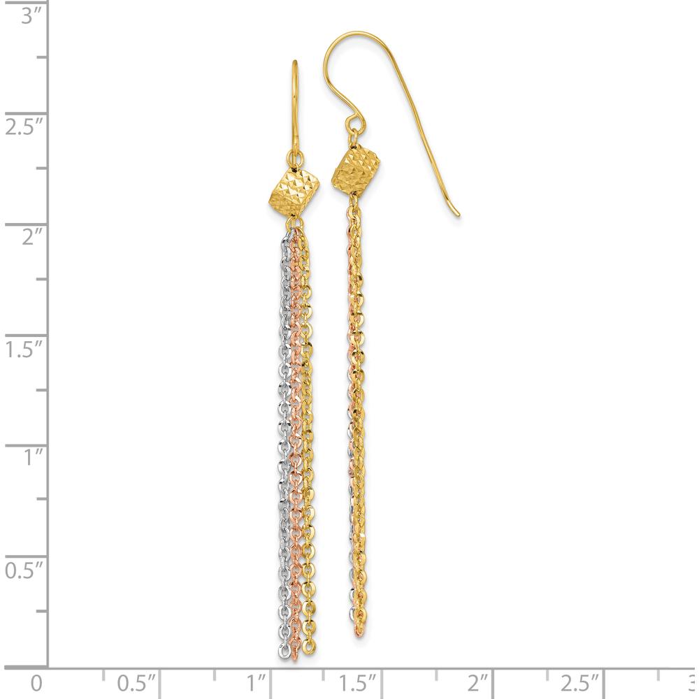 14K Tri-color Polished Fancy Chain Dangle Tassel Shepherd Hook Earrings - 72.5mm Length by 0