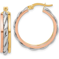 14K Tri-Color Polished Gold Hoop Earrings with Textured Finish - 26mm Length, 24.6mm Width by 0