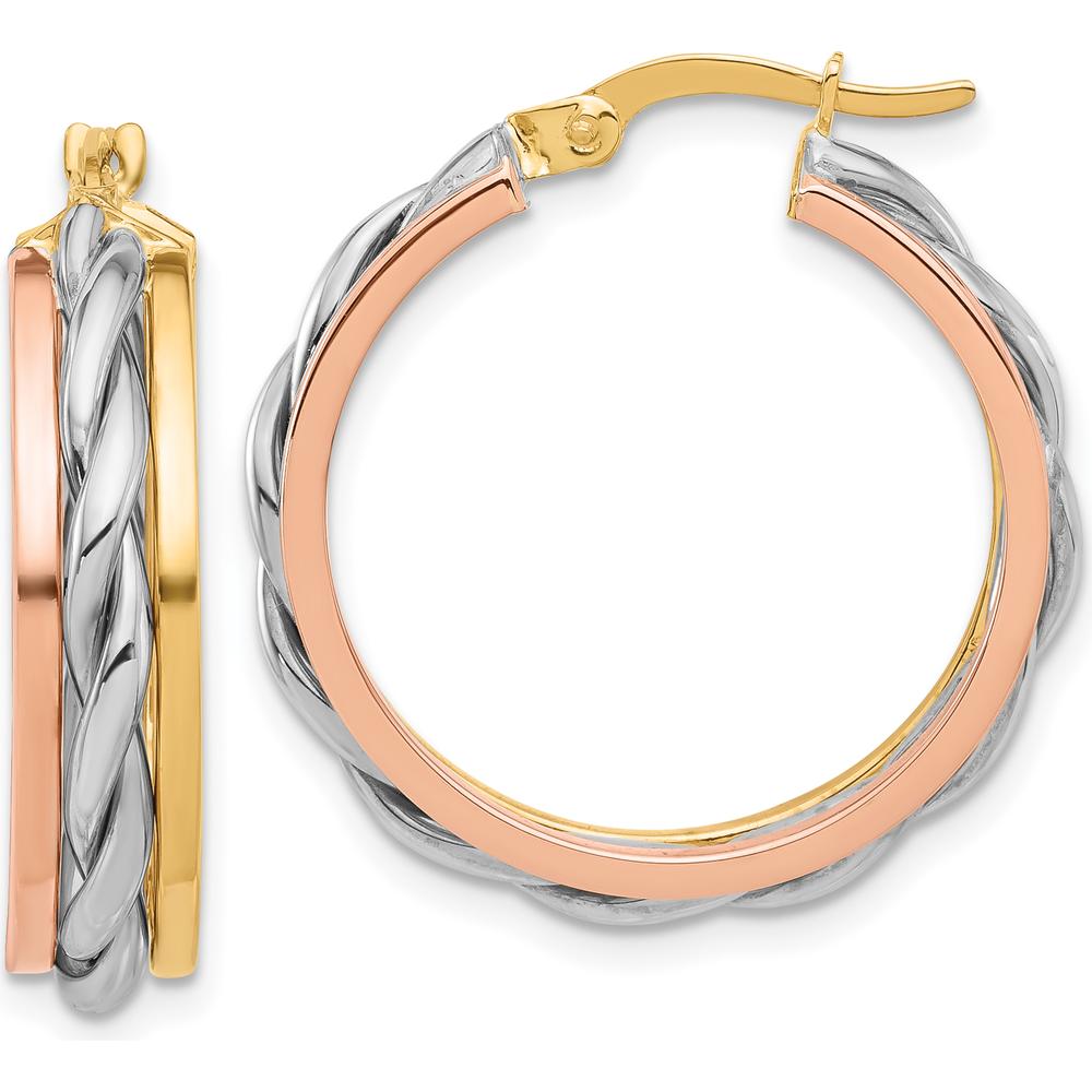 14K Tri-Color Polished Gold Hoop Earrings with Textured Finish - 26mm Length, 24.6mm Width by 0