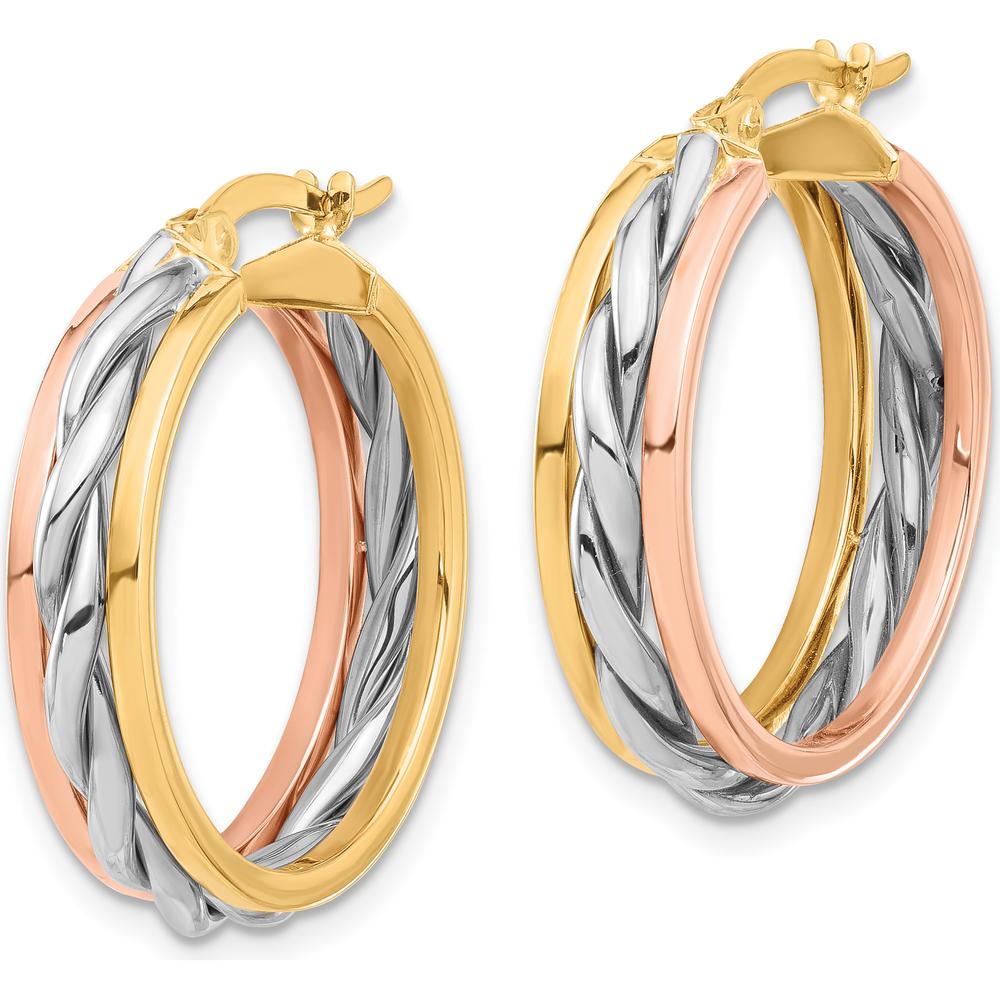 14K Tri-Color Polished Gold Hoop Earrings with Textured Finish - 26mm Length, 24.6mm Width by 0