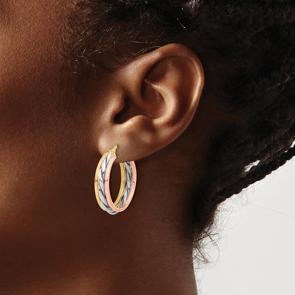 14K Tri-Color Polished Gold Hoop Earrings with Textured Finish - 26mm Length, 24.6mm Width by 0