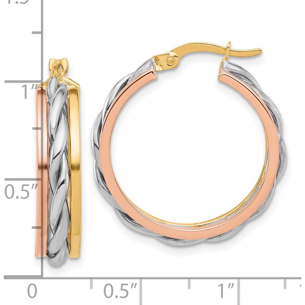 14K Tri-Color Polished Gold Hoop Earrings with Textured Finish - 26mm Length, 24.6mm Width by 0