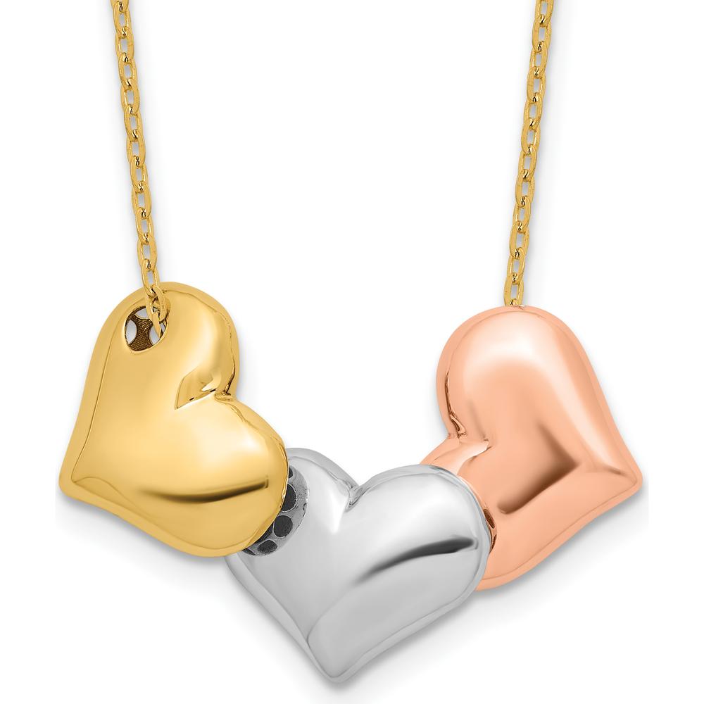 14K Tri-color Polished Heart Necklace with Cable Chain and Extender - 17" plus 1" Extender by 0