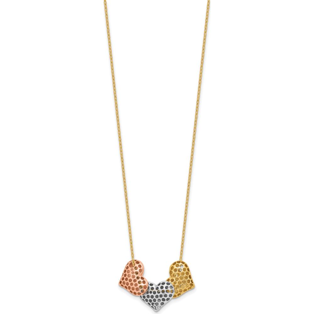 14K Tri-color Polished Heart Necklace with Cable Chain and Extender - 17" plus 1" Extender by 0