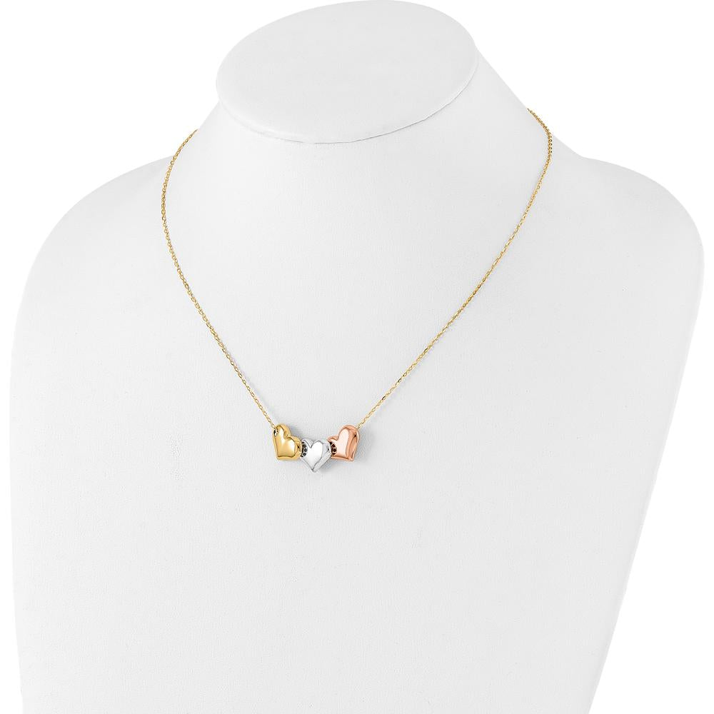 14K Tri-color Polished Heart Necklace with Cable Chain and Extender - 17" plus 1" Extender by 0