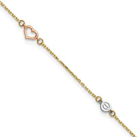 14K Tri-Color Polished Hearts and Circles 9" Plus 1" Extender Anklet