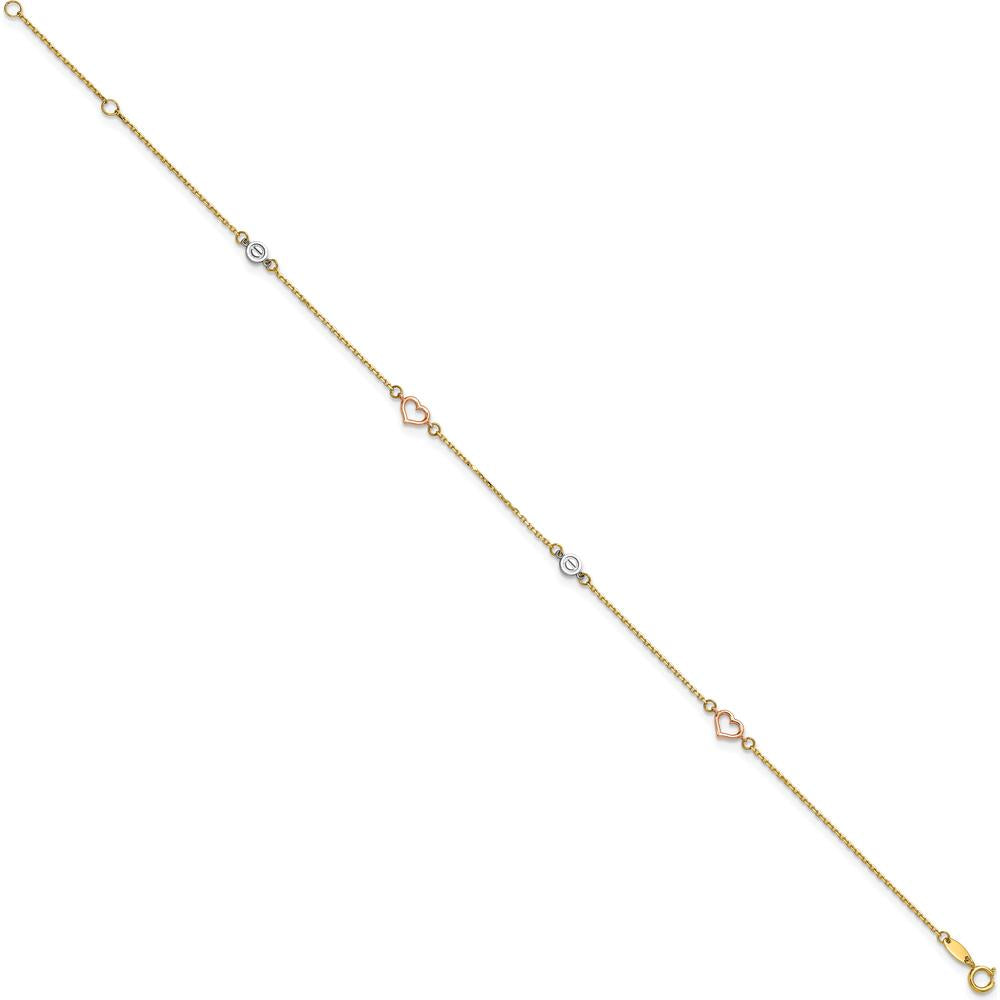 14K Tri-Color Polished Hearts and Circles 9" Plus 1" Extender Anklet