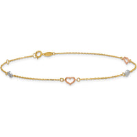 14K Tri-Color Polished Hearts and Circles 9" Plus 1" Extender Anklet