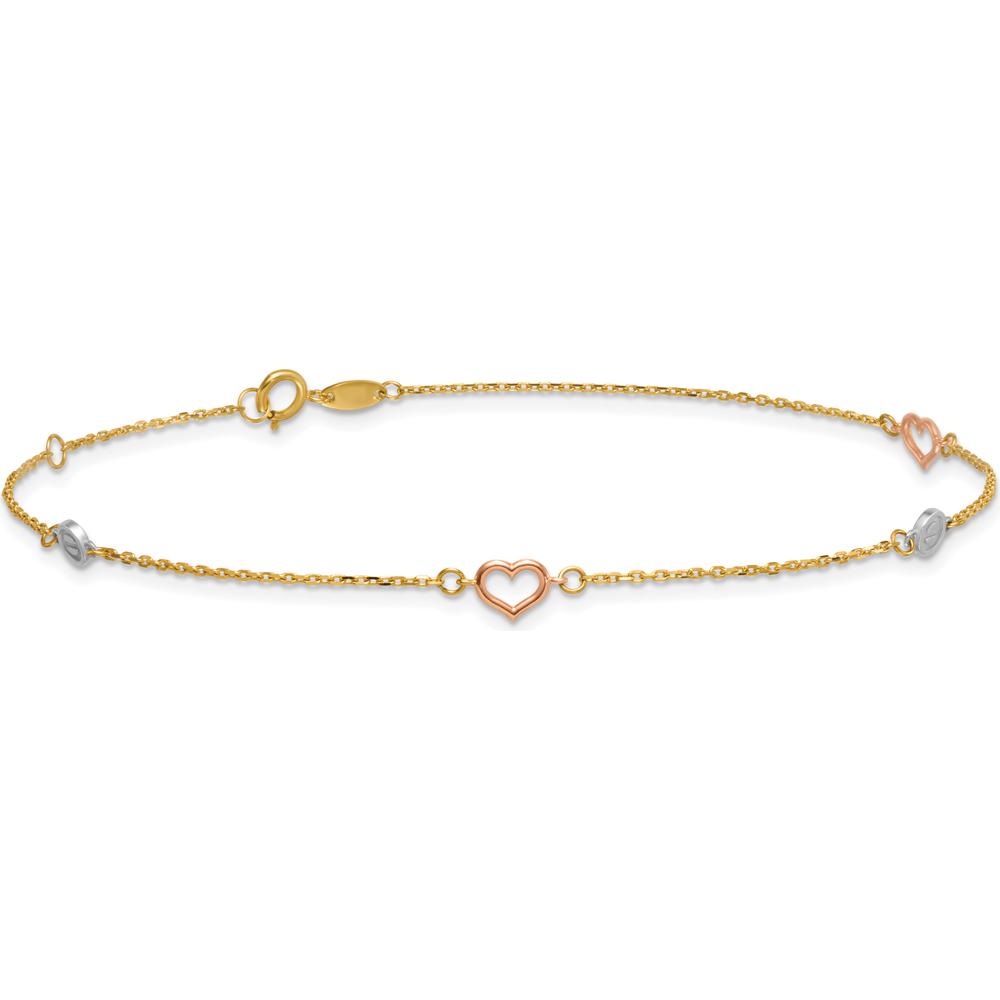 14K Tri-Color Polished Hearts and Circles 9" Plus 1" Extender Anklet