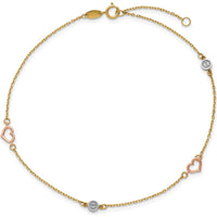 14K Tri-Color Polished Hearts and Circles 9" Plus 1" Extender Anklet