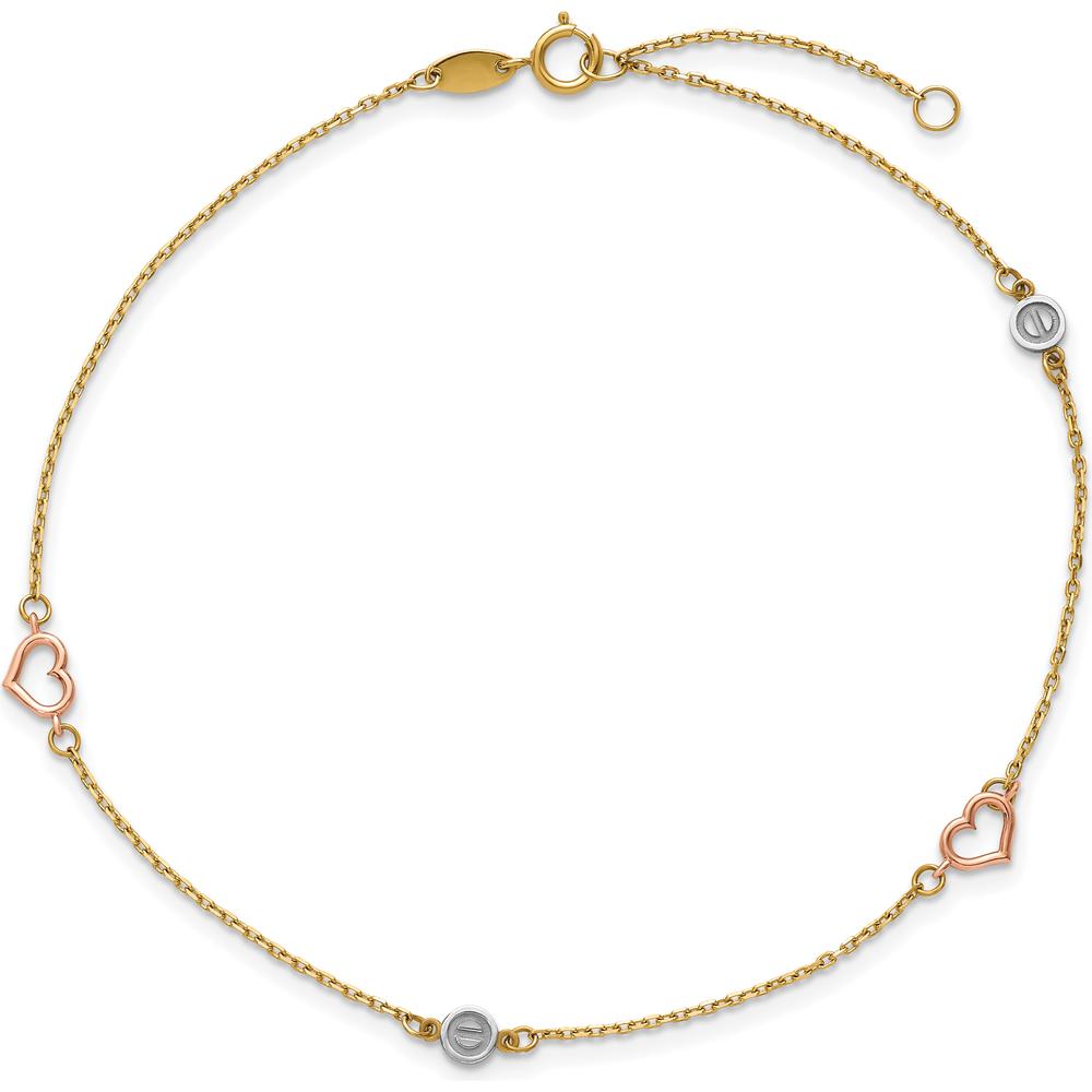 14K Tri-Color Polished Hearts and Circles 9" Plus 1" Extender Anklet