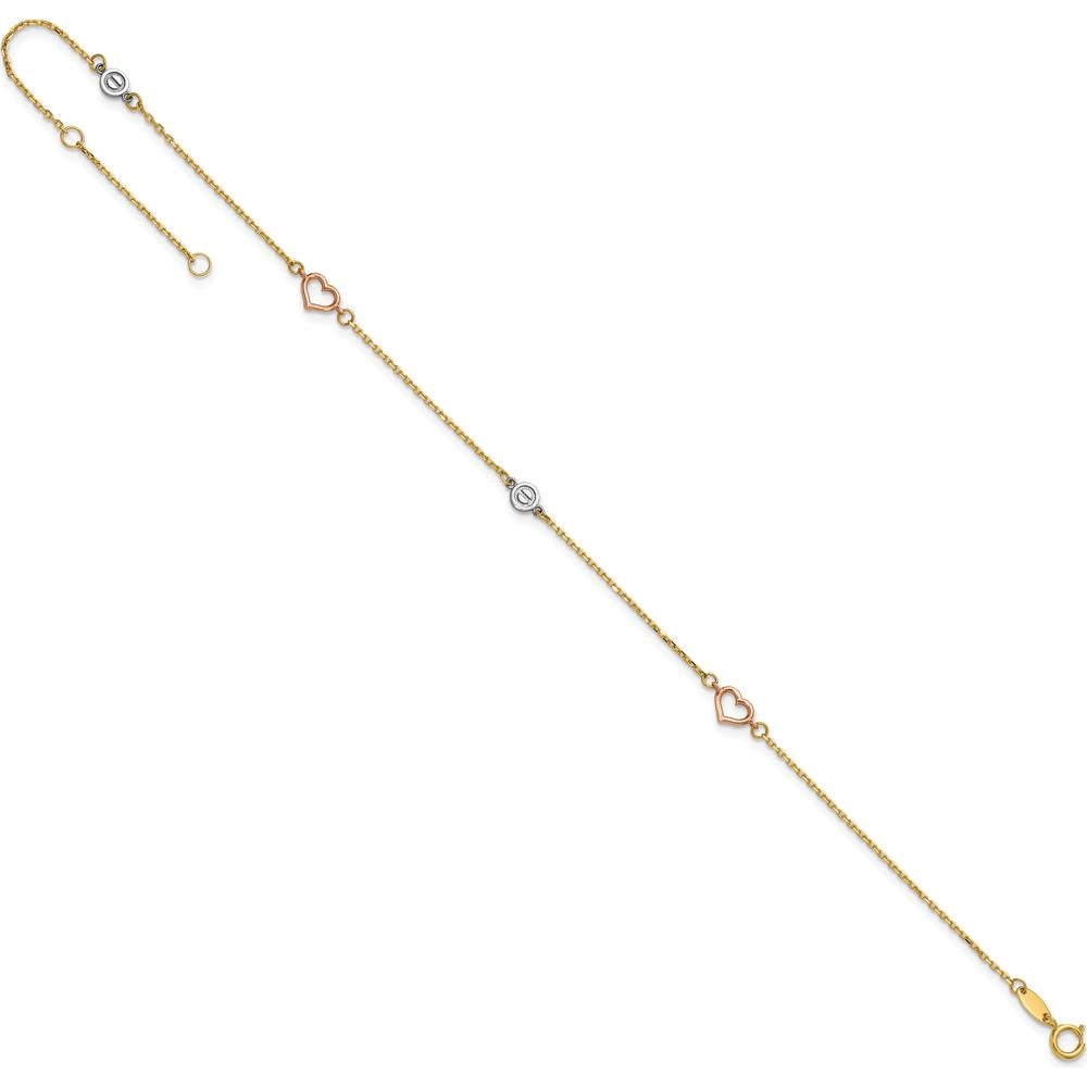 14K Tri-Color Polished Hearts and Circles 9" Plus 1" Extender Anklet