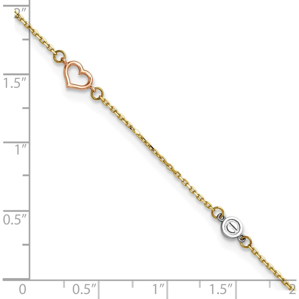 14K Tri-Color Polished Hearts and Circles 9" Plus 1" Extender Anklet