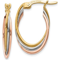 14K Tri-Color Polished Oval Hoop Earrings - 22mm Length, 5mm Width by 0