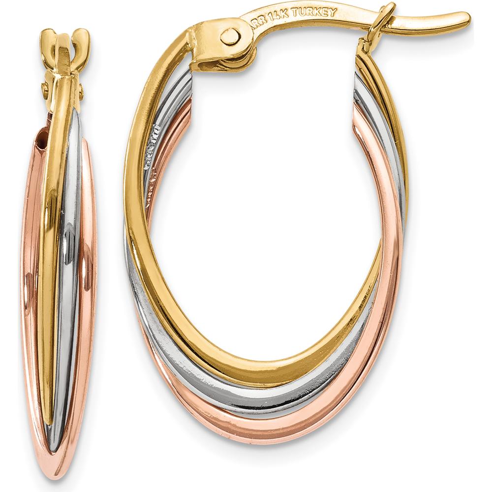 14K Tri-Color Polished Oval Hoop Earrings - 22mm Length, 5mm Width by 0
