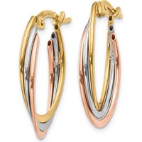 14K Tri-Color Polished Oval Hoop Earrings - 22mm Length, 5mm Width by 0