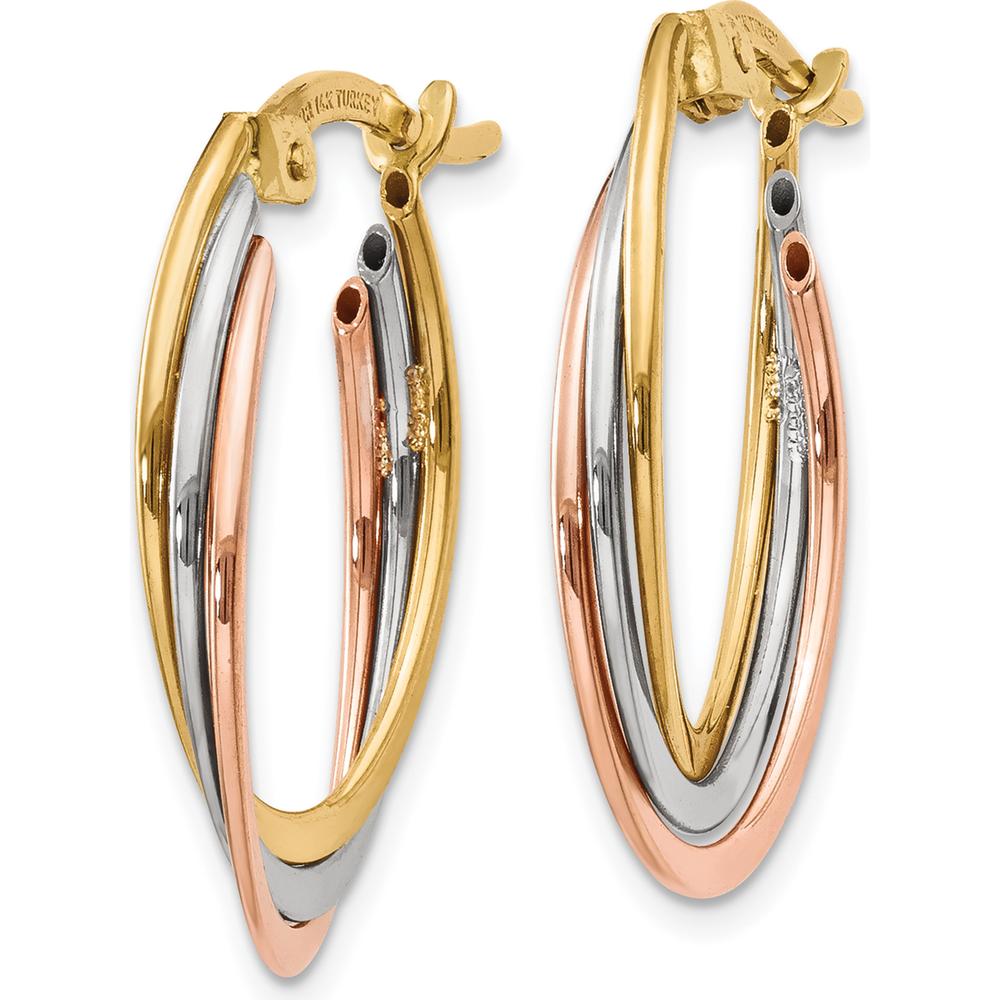 14K Tri-Color Polished Oval Hoop Earrings - 22mm Length, 5mm Width by 0