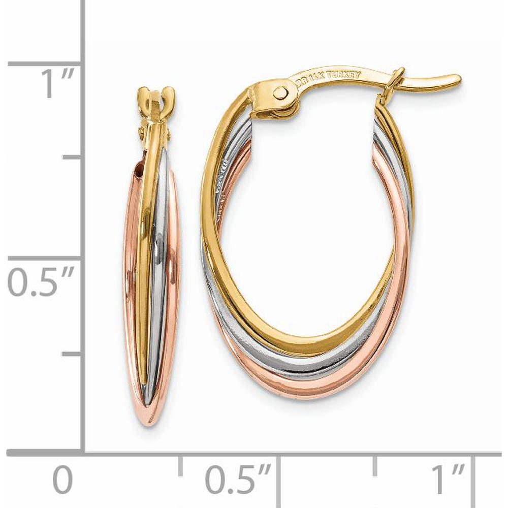 14K Tri-Color Polished Oval Hoop Earrings - 22mm Length, 5mm Width by 0