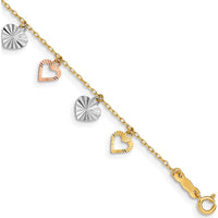 14K Tri-Color Textured Heart Dangle Bracelet - 7.25" Length by 0