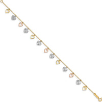 14K Tri-Color Textured Heart Dangle Bracelet - 7.25" Length by 0
