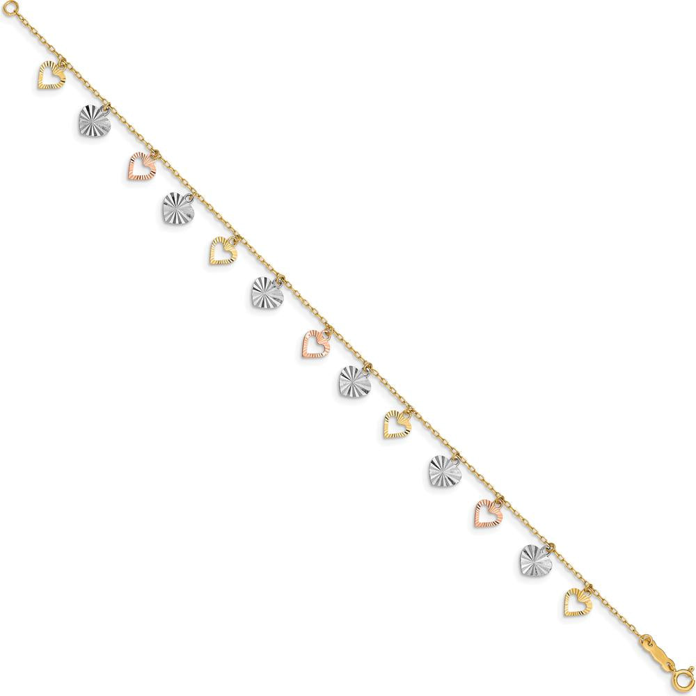 14K Tri-Color Textured Heart Dangle Bracelet - 7.25" Length by 0