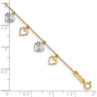 14K Tri-Color Textured Heart Dangle Bracelet - 7.25" Length by 0