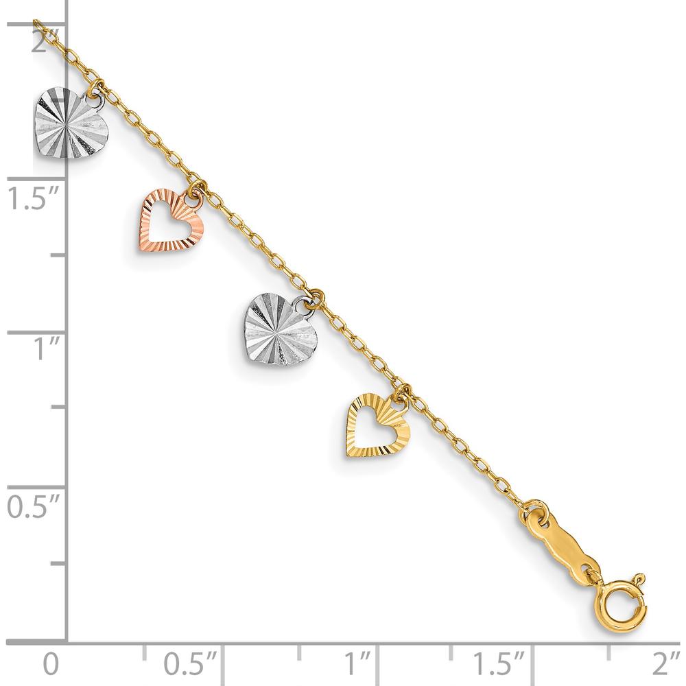 14K Tri-Color Textured Heart Dangle Bracelet - 7.25" Length by 0