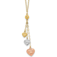 14K Tri-color Three Puffed Hearts 16" Lariat Necklace Plus 2" Extender by 0