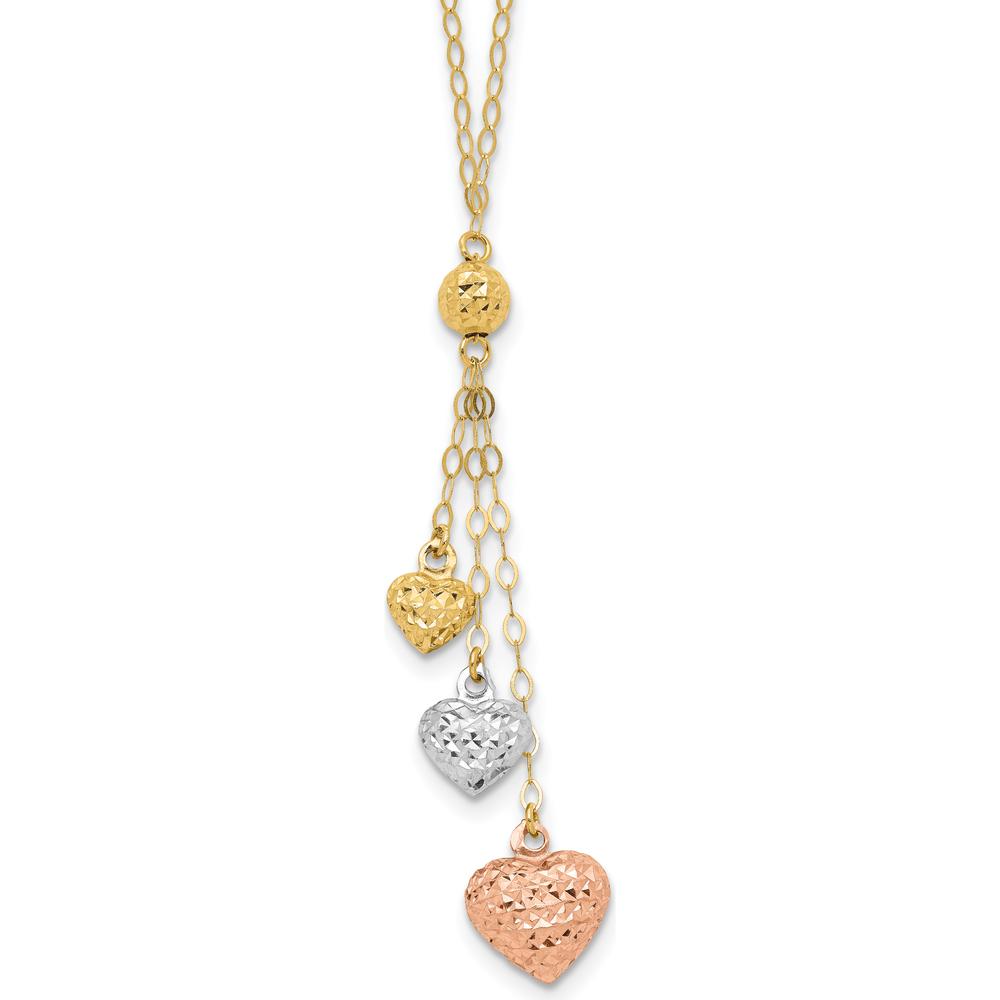 14K Tri-color Three Puffed Hearts 16" Lariat Necklace Plus 2" Extender by 0