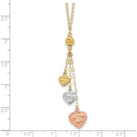 14K Tri-color Three Puffed Hearts 16" Lariat Necklace Plus 2" Extender by 0