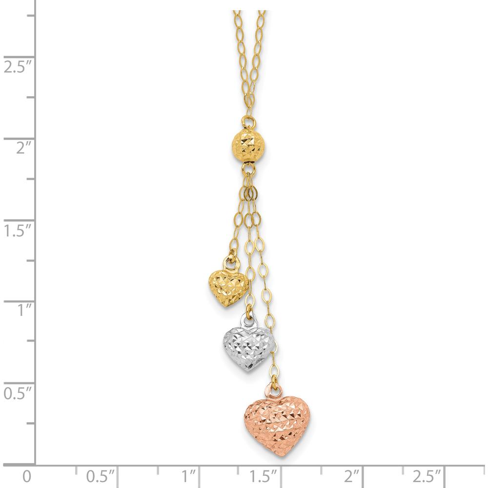 14K Tri-color Three Puffed Hearts 16" Lariat Necklace Plus 2" Extender by 0