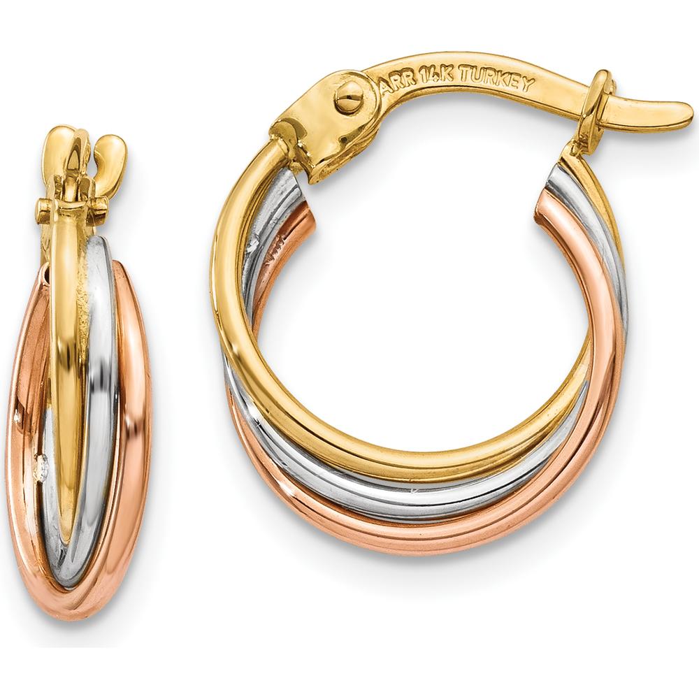 14K Tri-Color Twisted Hoop Earrings - 15mm Length, 12mm Width by 0