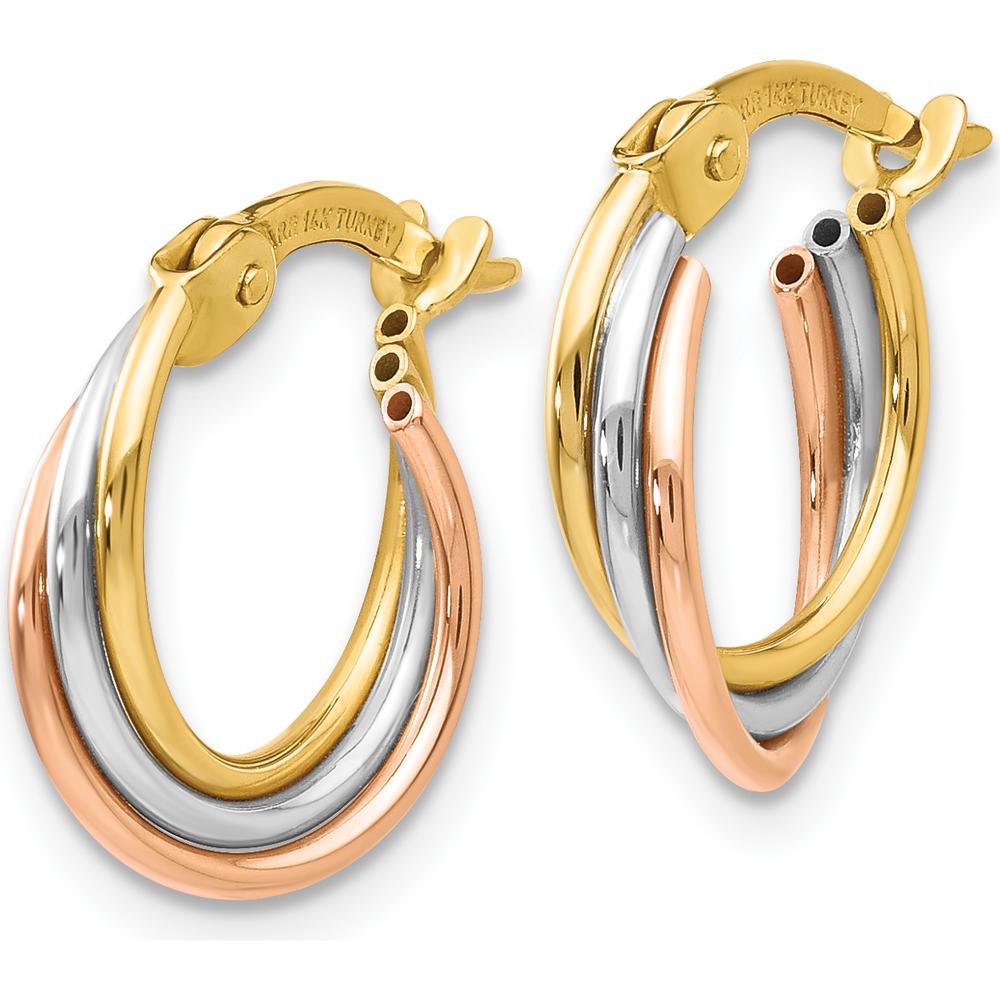 14K Tri-Color Twisted Hoop Earrings - 15mm Length, 12mm Width by 0
