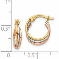 14K Tri-Color Twisted Hoop Earrings - 15mm Length, 12mm Width by 0
