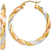 14K Tri-Color Twisted Hoop Earrings - 34mm Length, Polished Finish by 0