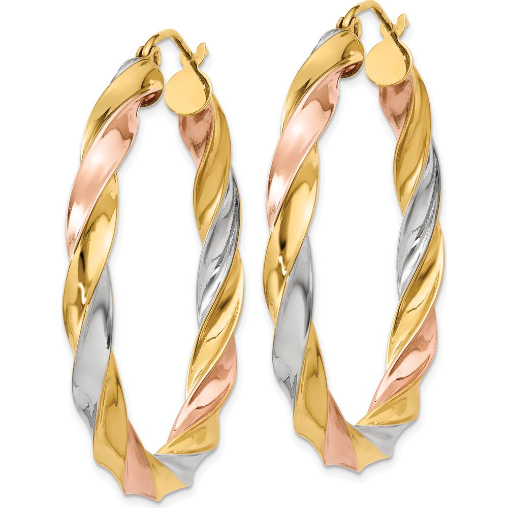 14K Tri-Color Twisted Hoop Earrings - 34mm Length, Polished Finish by 0