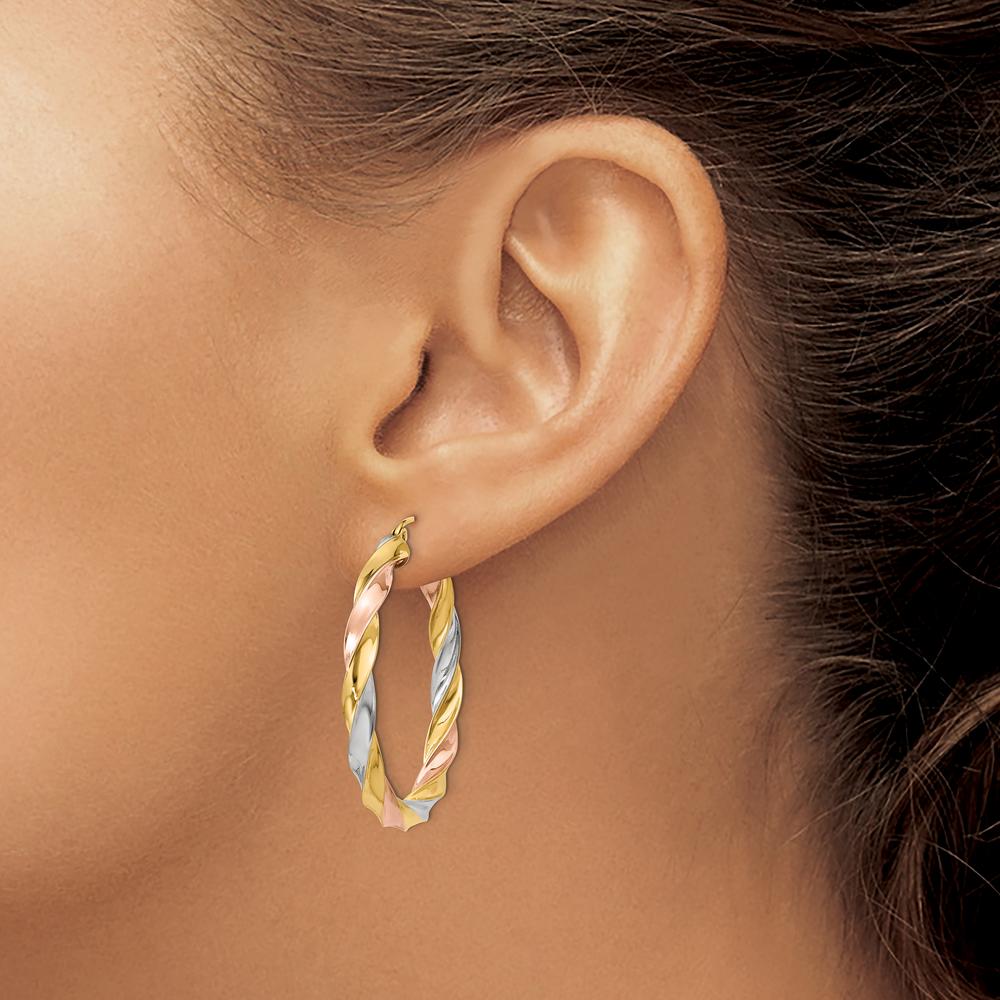 14K Tri-Color Twisted Hoop Earrings - 34mm Length, Polished Finish by 0