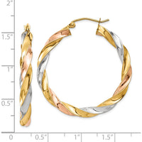 14K Tri-Color Twisted Hoop Earrings - 34mm Length, Polished Finish by 0