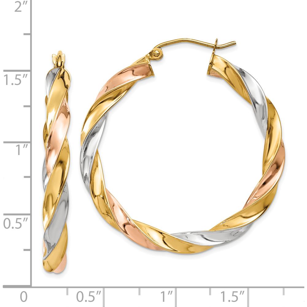 14K Tri-Color Twisted Hoop Earrings - 34mm Length, Polished Finish by 0