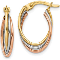 14K Tri-Color Twisted Hoop Earrings - Polished Finish, 18mm Length, 12mm Width by 0