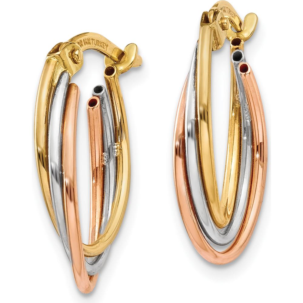 14K Tri-Color Twisted Hoop Earrings - Polished Finish, 18mm Length, 12mm Width by 0