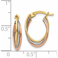 14K Tri-Color Twisted Hoop Earrings - Polished Finish, 18mm Length, 12mm Width by 0