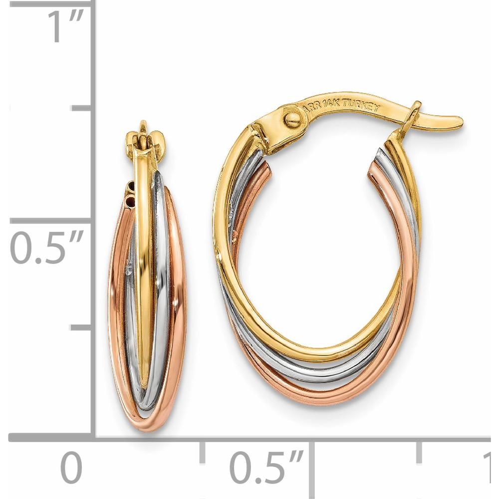 14K Tri-Color Twisted Hoop Earrings - Polished Finish, 18mm Length, 12mm Width by 0