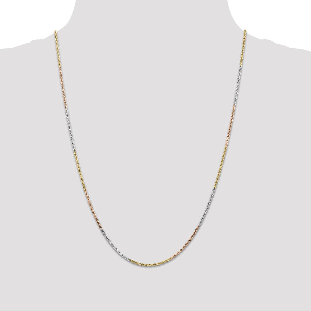 14K Tri-Colored 24" Diamond-Cut Rope Necklace with Lobster Clasp - 1.5mm Width
