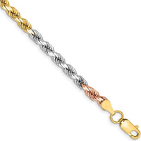 14K Tri-Colored 7" 4mm Diamond-Cut Rope Chain Bracelet with Lobster Clasp