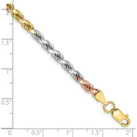 14K Tri-Colored 7" 4mm Diamond-Cut Rope Chain Bracelet with Lobster Clasp