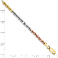 14K Tri-Colored Gold 8" Diamond-cut Rope Chain Bracelet with Lobster Clasp