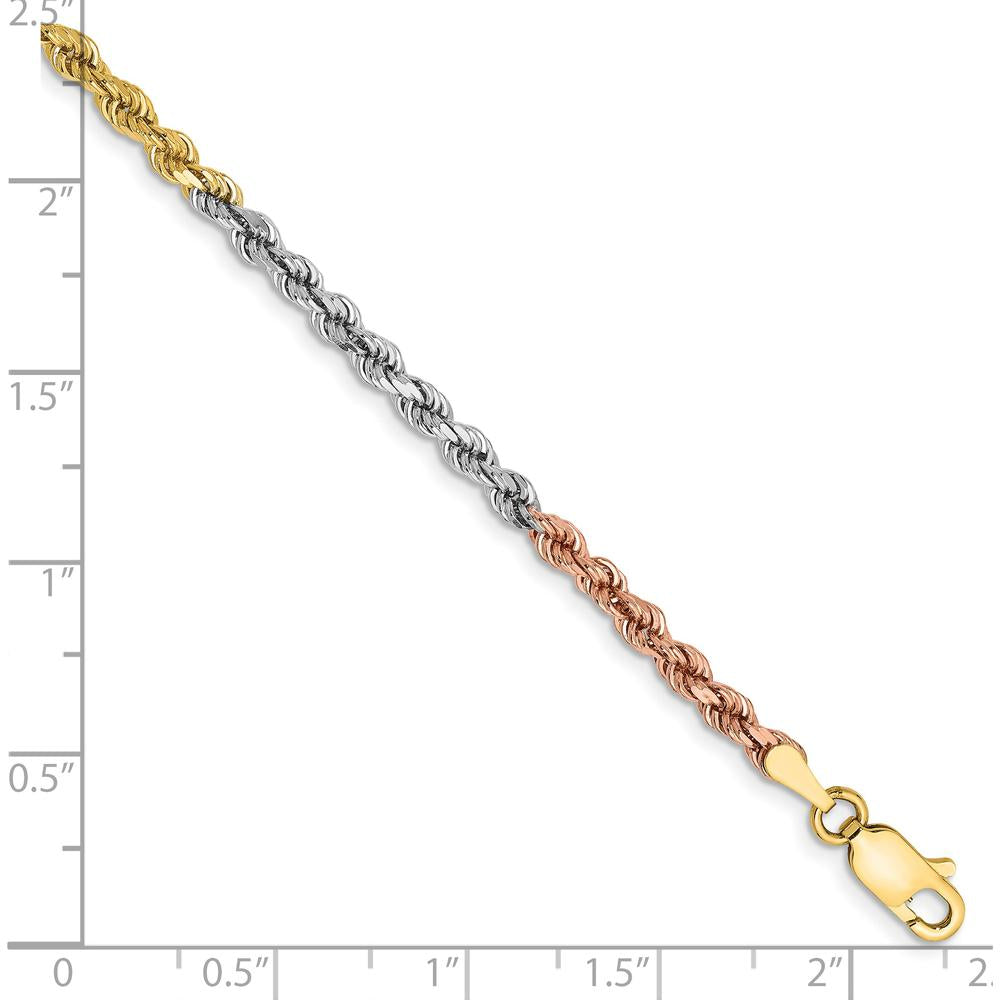 14K Tri-Colored Gold 8" Diamond-cut Rope Chain Bracelet with Lobster Clasp