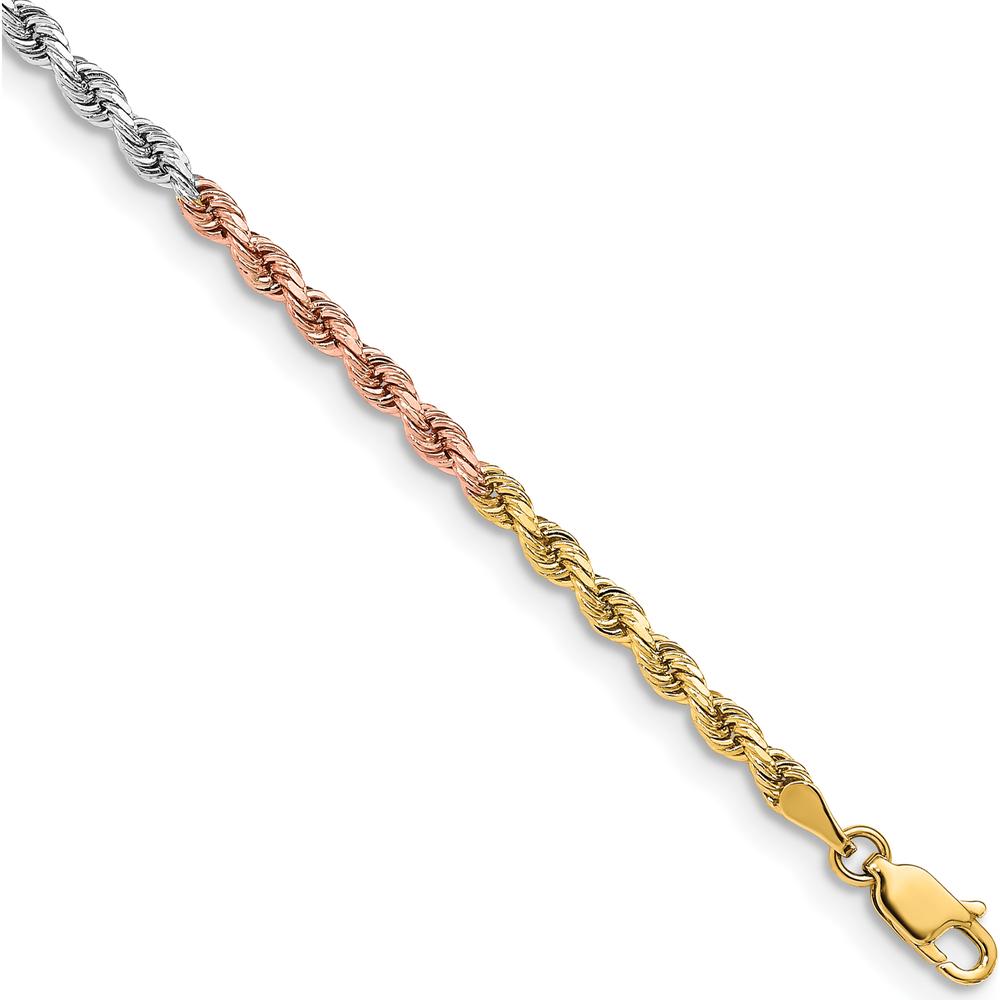 14K Tri-Colored Gold 8" Rope Chain Necklace - 3mm Diamond-Cut Finish with Lobster Clasp