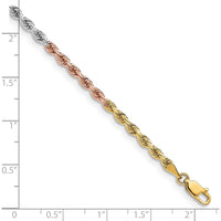 14K Tri-Colored Gold 8" Rope Chain Necklace - 3mm Diamond-Cut Finish with Lobster Clasp